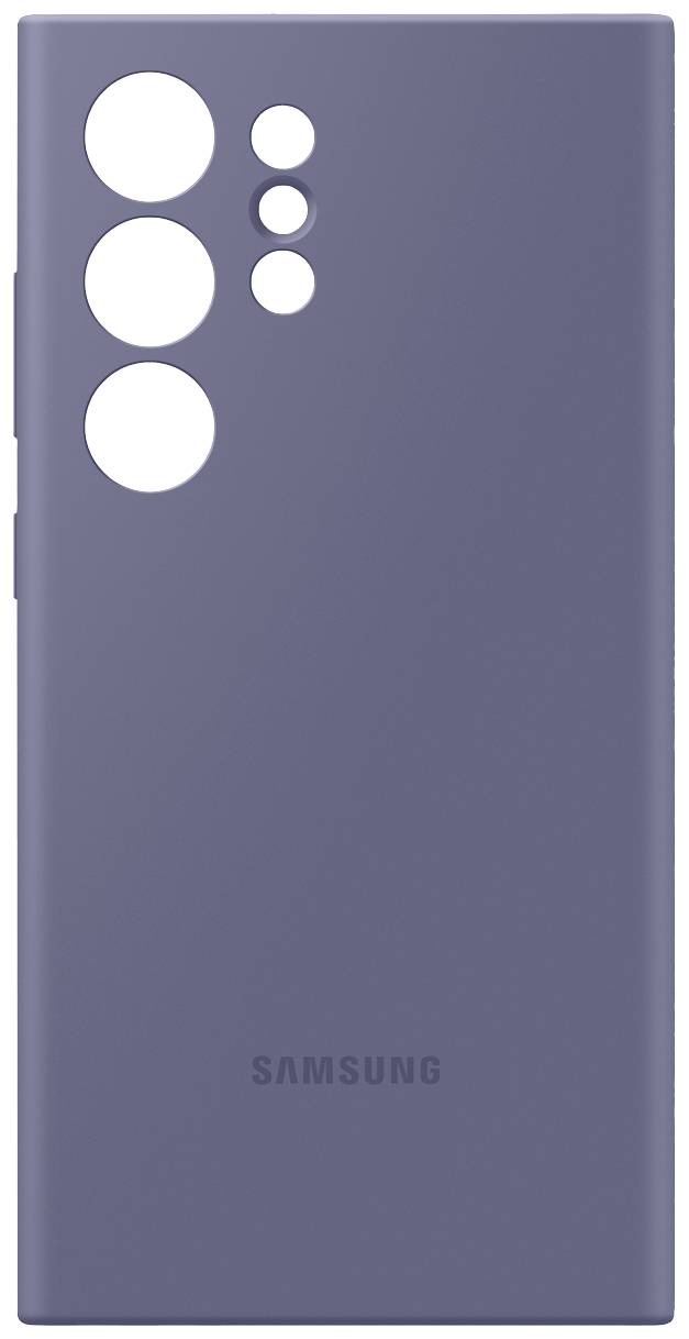 Smartphone-Cover in Lila mit Aussparungen für Kamera und Sensoren. Das Samsung-Logo ist am unteren Rand sichtbar.