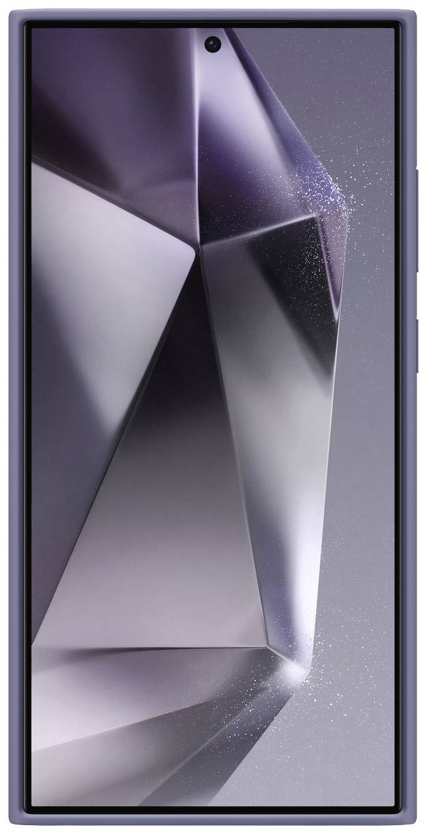 Ein Smartphone mit großem Display zeigt einen kristallähnlichen Hintergrund in Lila- und Grautönen.