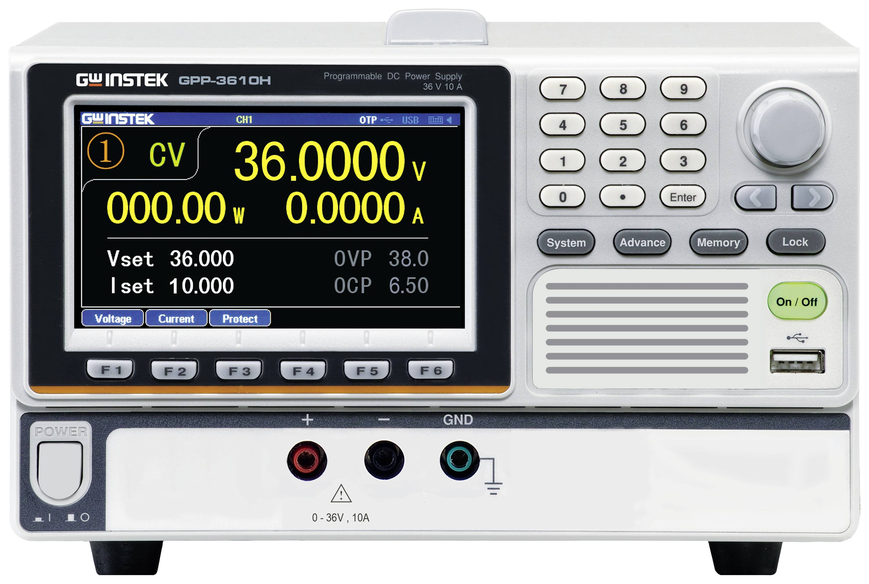 Ein digitaler Stromversorgungsmonitor zeigt '36.000 V', '0.000 A', '0.000 W' an. Ein- und Ausgabeschalter und Anschlüsse unten.