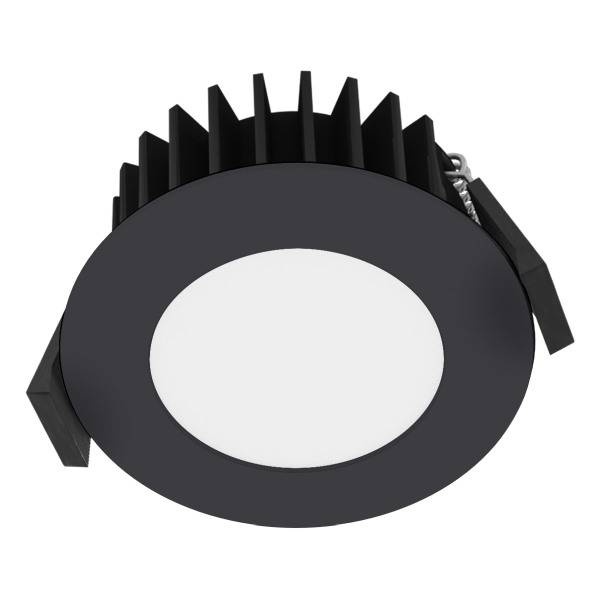 Runder, schwarzer LED-Deckeneinbaustrahler mit weißem Lichtaustritt, Kühlrippen, seitlichen Befestigungsclips. Geeignet für Innenbereiche.