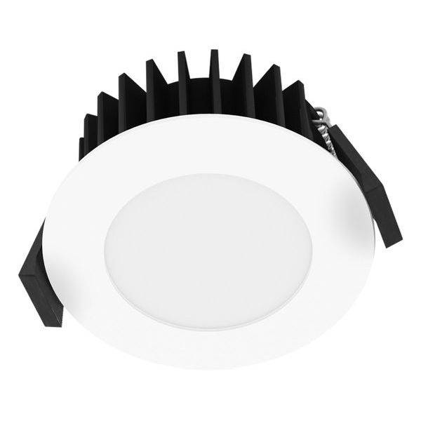 LED-Deckeneinbauleuchte mit rundem, weißem Rahmen und schwarzem Kühlkörper. Ideal für moderne Innenbeleuchtung.