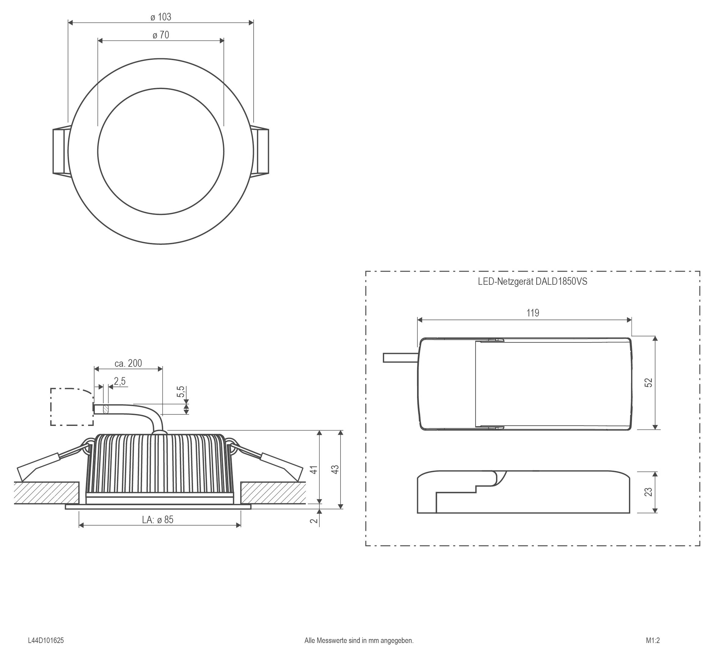 Technische Zeichnung einer kreisförmigen LED-Einbauleuchte mit Draufsicht, Seitenansicht und Installationsansichten, die Hauptabmessungen und Ausschnittmessungen zeigt.