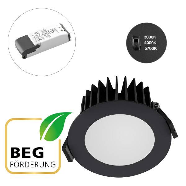 Runde LED-Einbauleuchte mit schwarzem Rand, einstellbar zwischen 3000K, 4000K, und 5700K, mit BEG-Förderungssymbol.