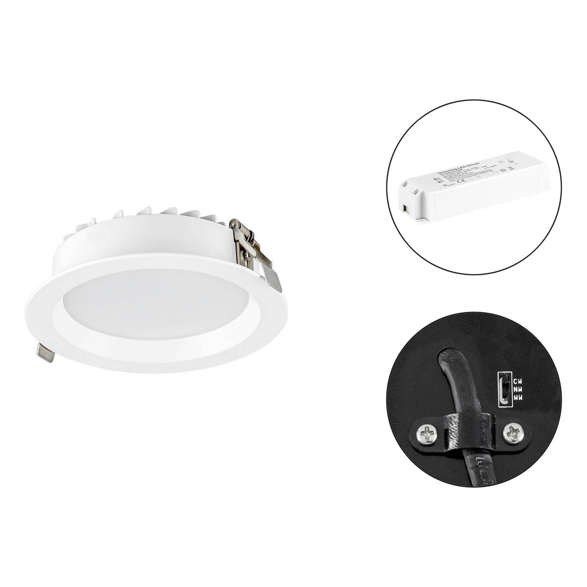 Weiße, runde LED-Einbauleuchte mit Trafo und Abbildung der Anschlüsse. Geeignet für Deckenmontage in Innenräumen.