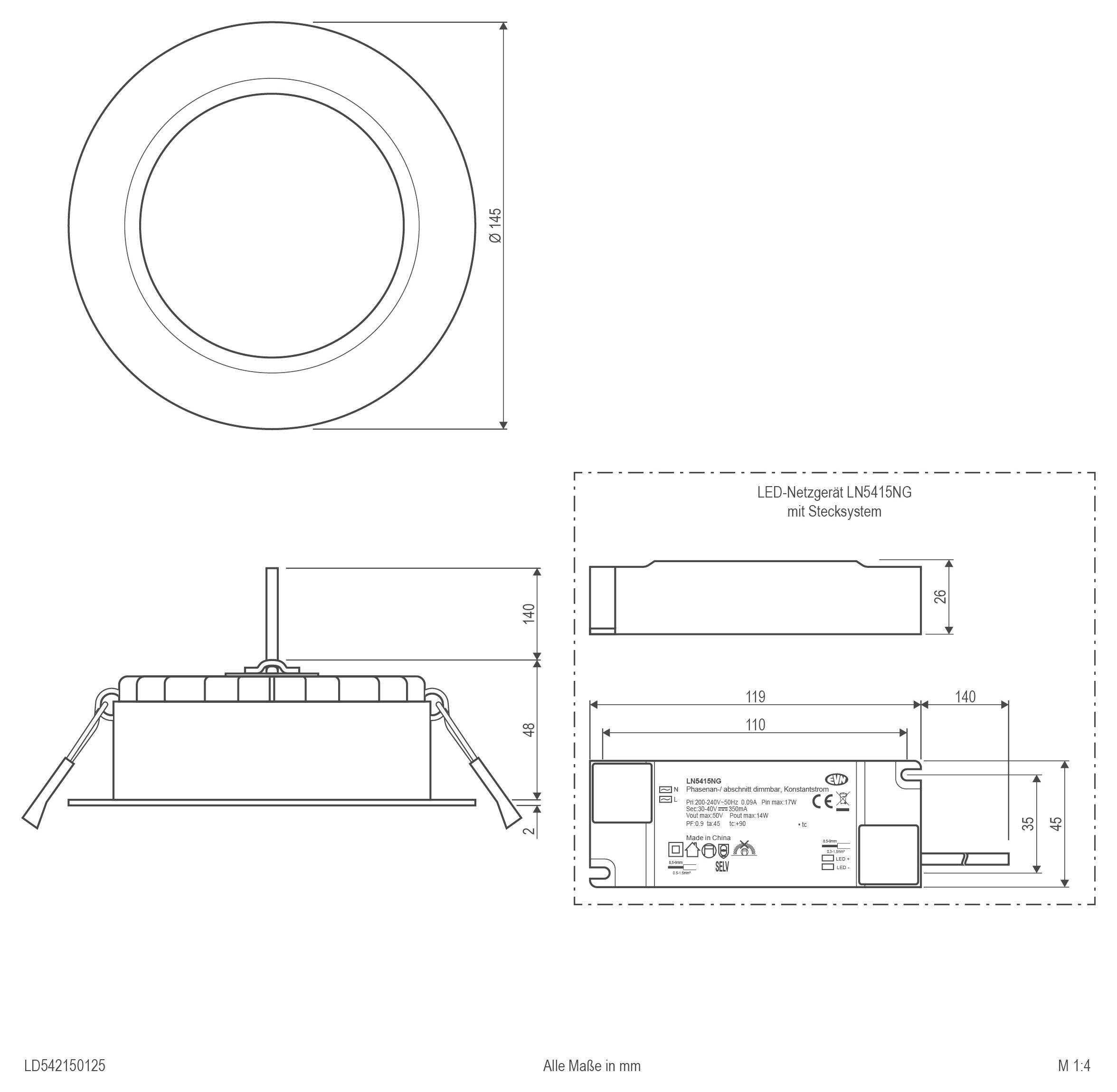 Technische Zeichnung einer runden LED-Einbauleuchte für die Decke mit Draufsicht, Seitenansicht und Bemaßungsansichten, mit Angaben in mm und einem Installationsschema des Stecksystems.