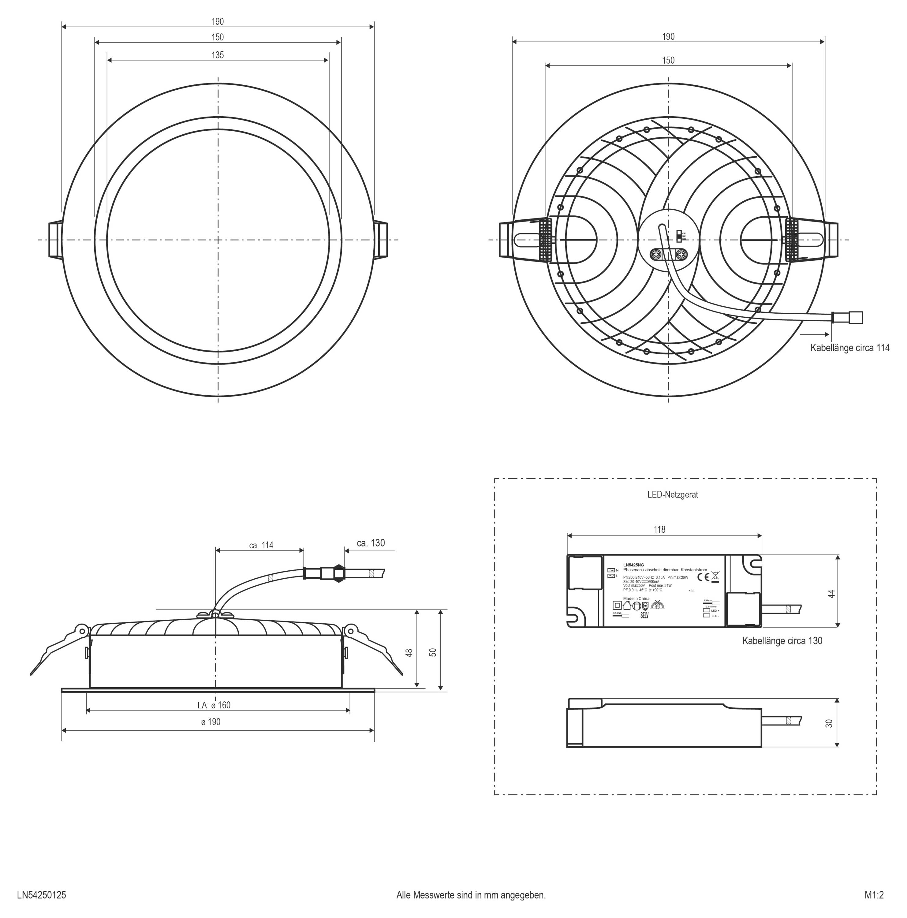 Technische Maßzeichnung einer runden LED-Leuchte mit Vorder-, Rück-, Seiten- und Treiberansichten, die Kabeleinführungen und Abmessungen in Millimetern zeigt.