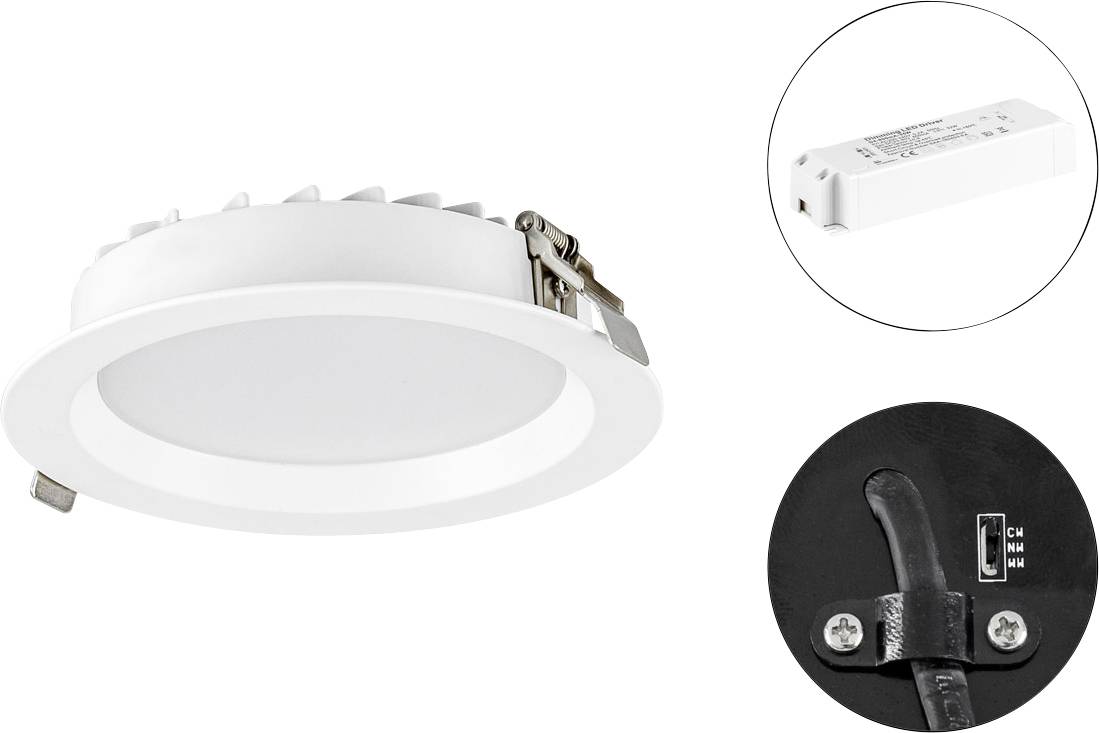 Weiße Einbau-LED-Downlight mit Federklammern, dargestellt mit ihrem Treiber und Anschlussdetails des hinteren Schalters.