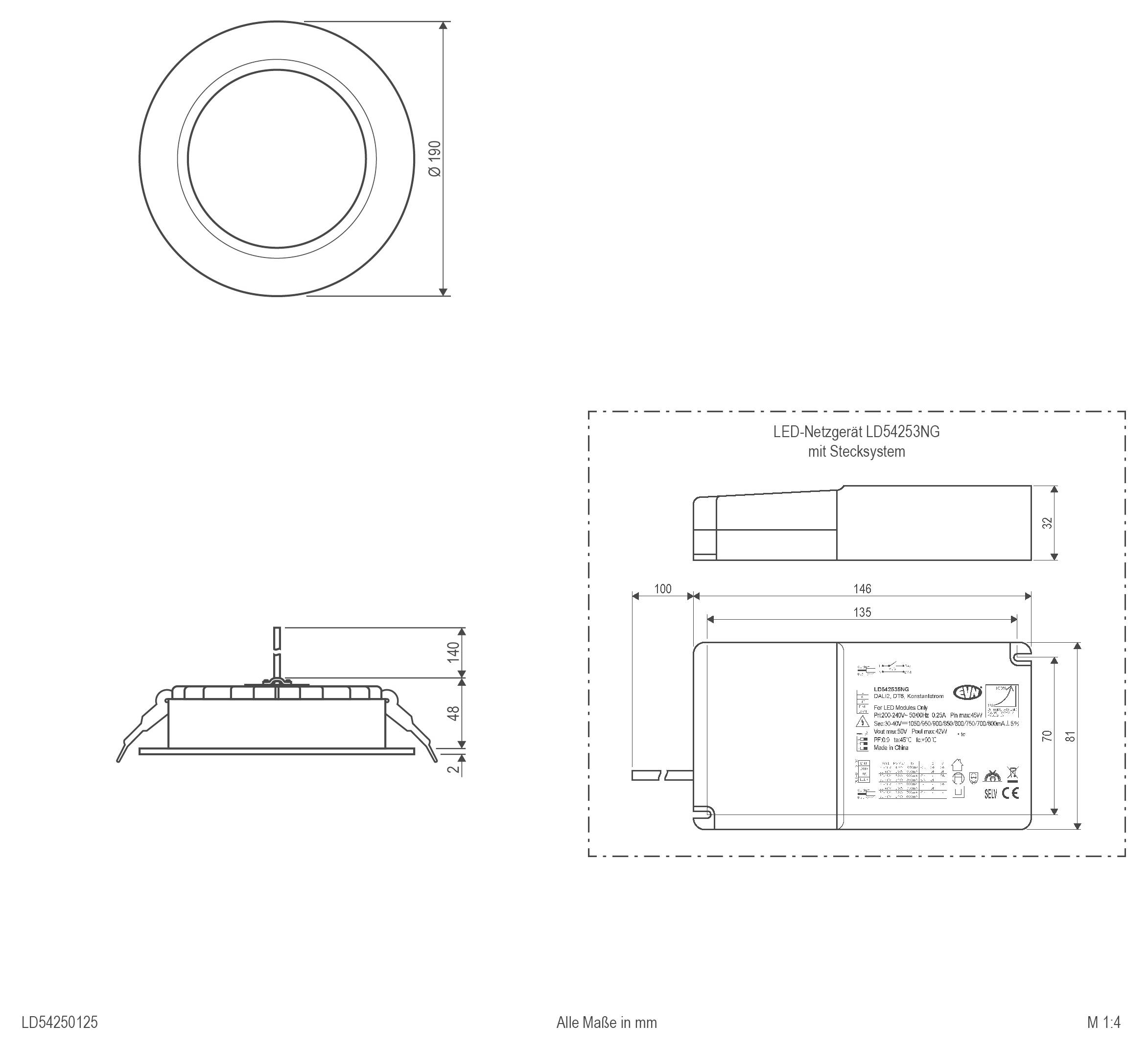 Technische Zeichnung einer kreisförmigen LED-Einbauleuchte und eines Treibers mit Drauf-, Seiten- und dimensionierten Ansichten in Millimetern beschriftet.