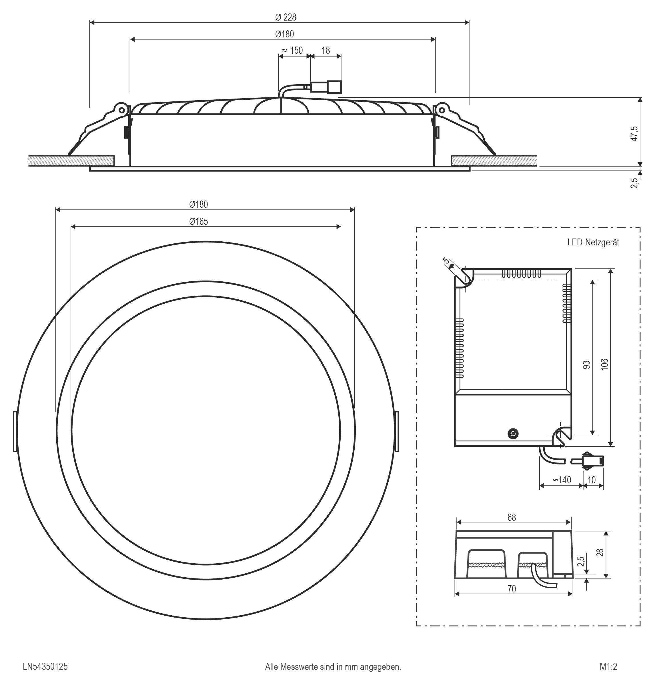 Technische Zeichnung einer runden LED-Leuchte mit Draufsicht, Vorderansicht und Seitenansicht, mit Abmessungen in Millimetern und Detail des LED-Treibers.