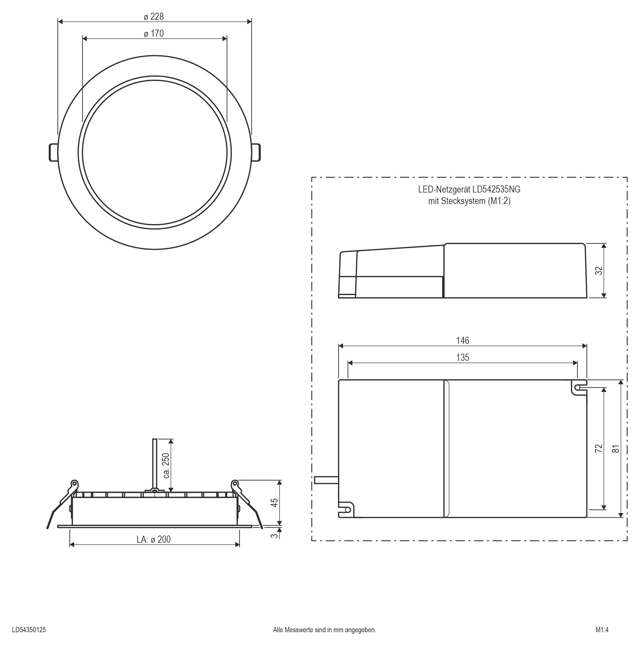 Technische Zeichnung einer runden LED-Einbauleuchte mit Vorder-, Seiten- und Montageanansichten, die Hauptabmessungen in Millimetern zeigt.