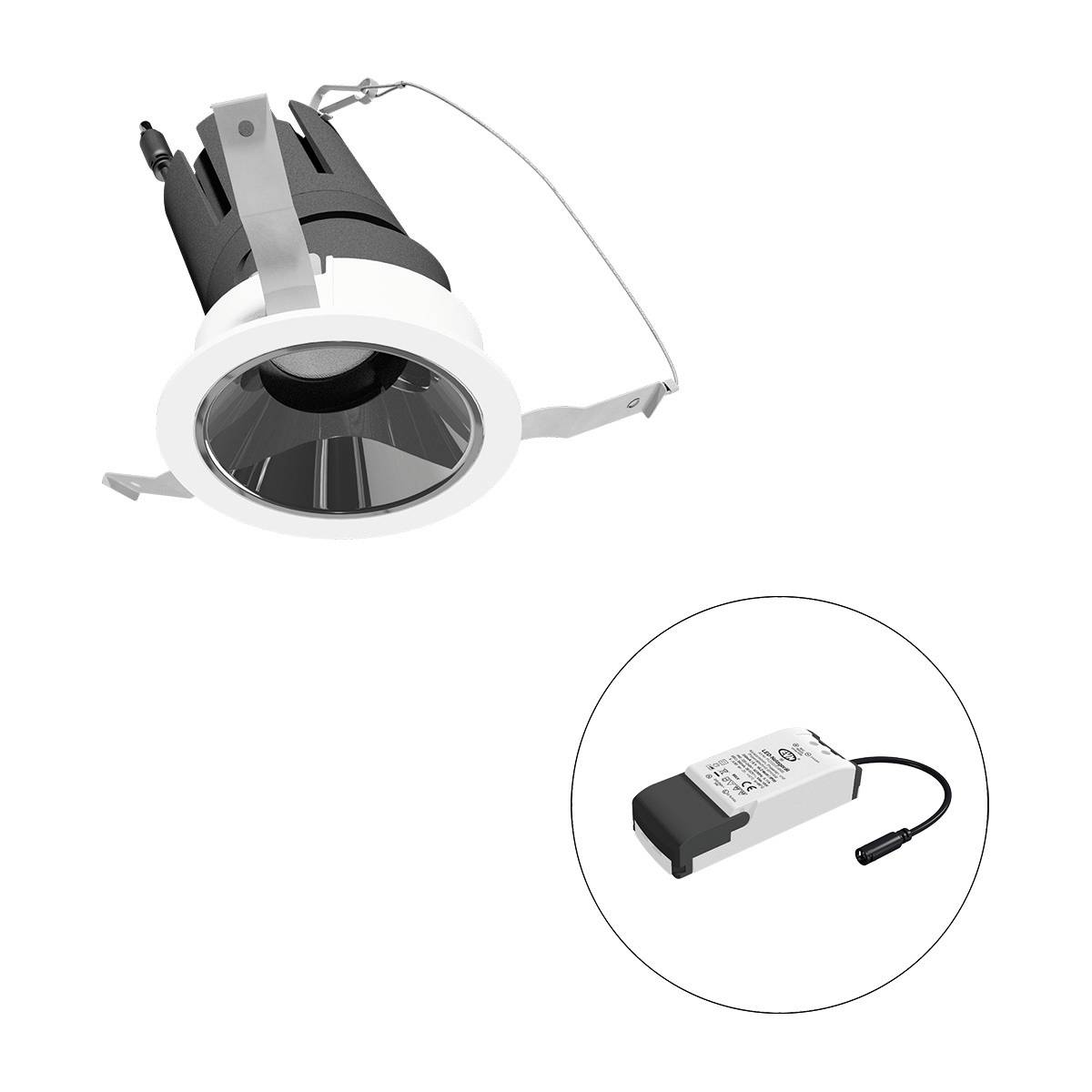 Einbau-Downlight mit rundem Rahmen und separatem, zylindrischem Treiber. Geeignet für Deckenmontage mit elektrischer Verbindung.