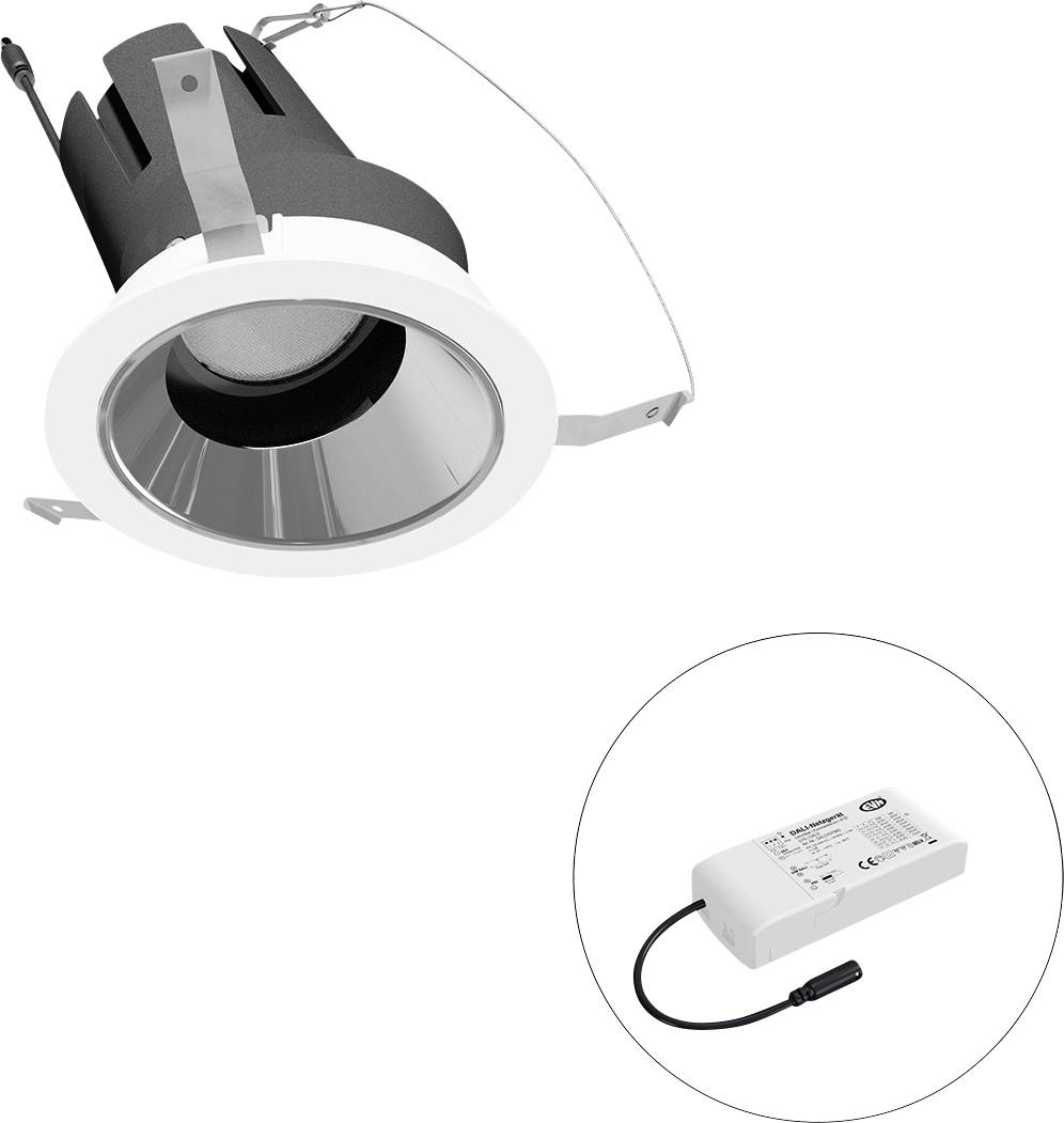 Eingebauter LED-Downlight mit weißem Rahmen und separatem Stromtreiber, dargestellt in einer kreisförmigen Vergrößerung.
