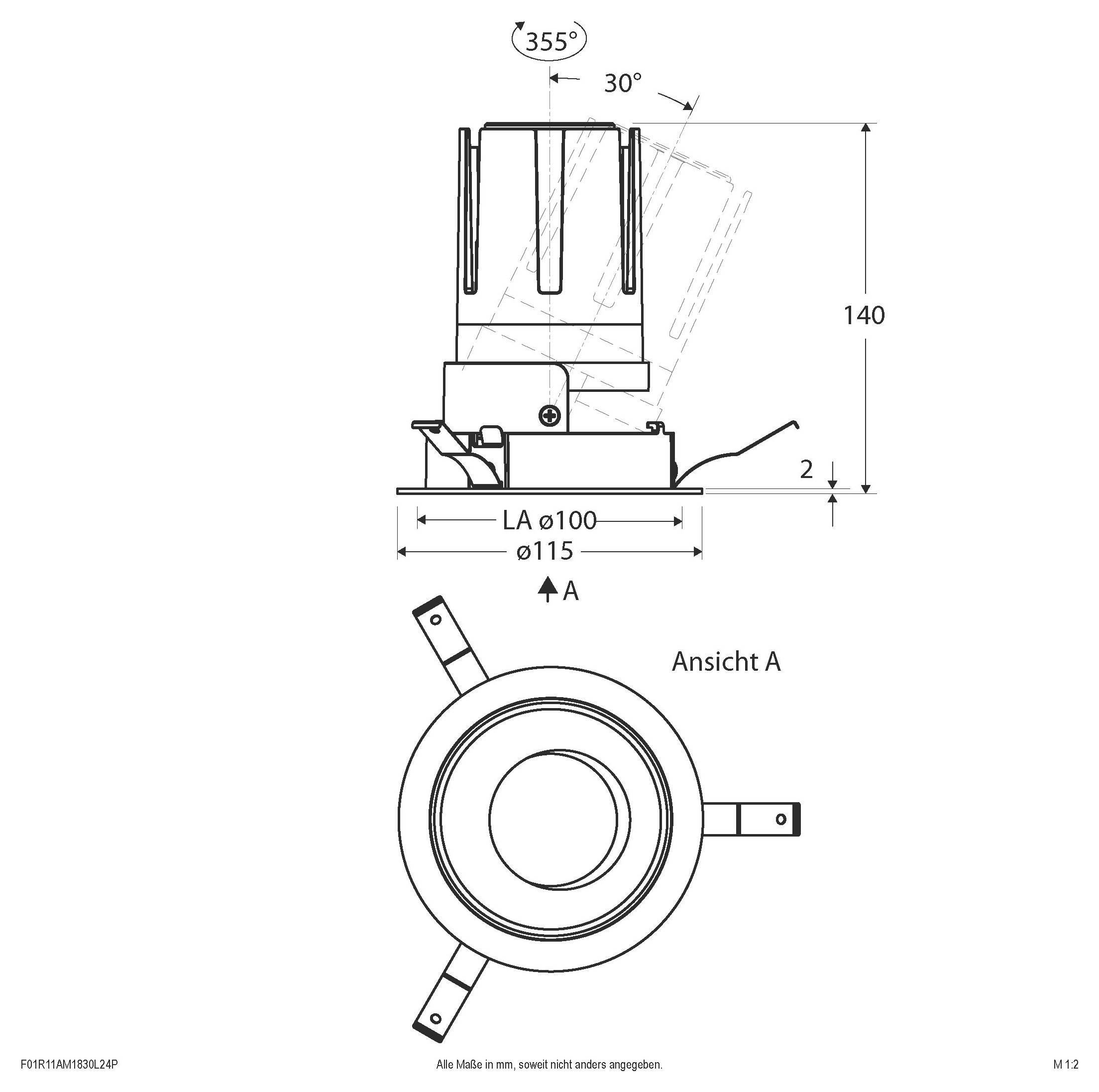 Technische Zeichnung eines runden Maschinenteils mit Seiten- und Draufsicht mit Abmessungen, einschließlich 355° Drehung, 30° Neigung, 140 Höhe und 100/115 mm Durchmessern.