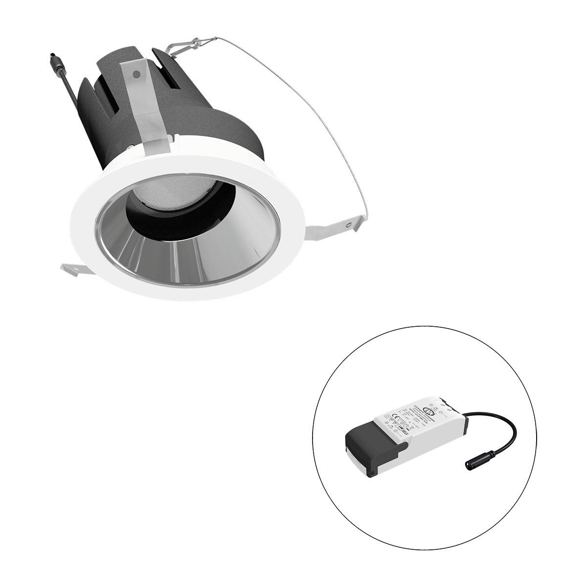 Einbaustrahler mit rundem Rahmen und schwarzem Innenreflektor, abgebildet zusammen mit einem rechteckigen LED-Treiber.