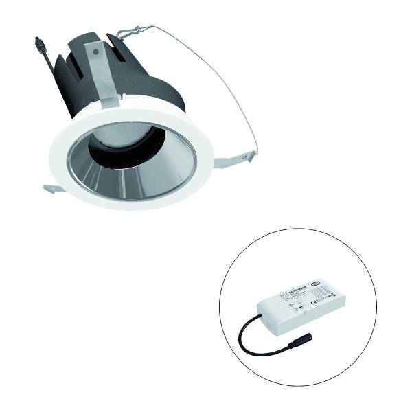 Deckeneinbauleuchte mit rundem Rahmen und schwarzem Innenteil, daneben ein weißes Netzteil mit Kabel, als Beleuchtungslösung dargestellt.