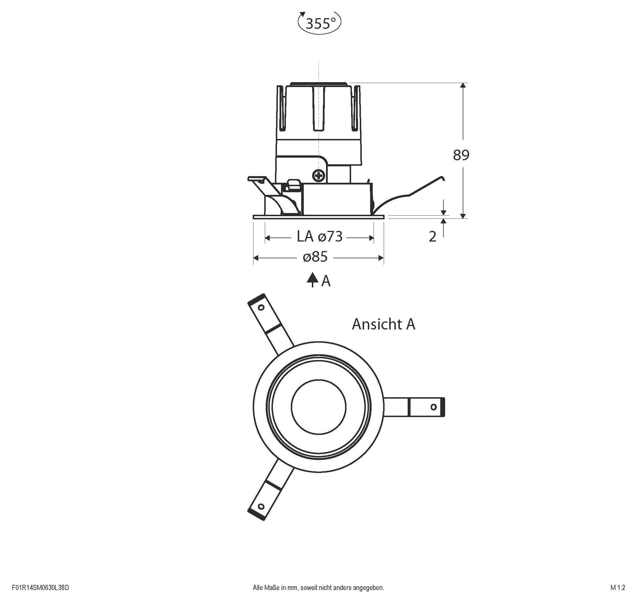 Technische Maßzeichnung eines kreisförmigen Geräts mit Seiten- und Draufsicht, mit 355° Drehung, 89 mm Höhe, 85 mm Durchmesser und mit „Ansicht A