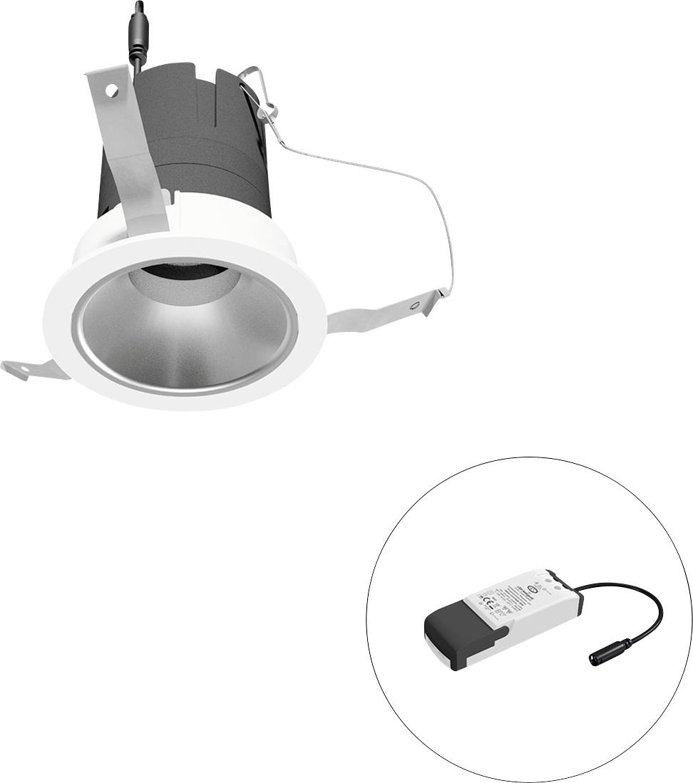 LED-Einbauspot mit Federklemmen, dargestellt mit separatem Treibermodul in einer Vertiefung.