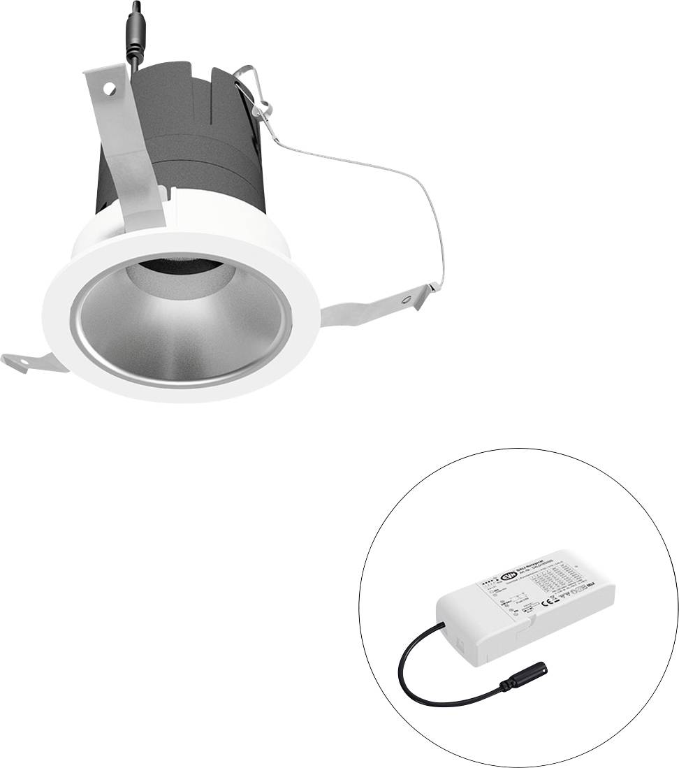 Eingebaute LED-Einbauleuchte mit Federklemmen und angebautem Treiber, dargestellt in einem Ausschnittkreis.