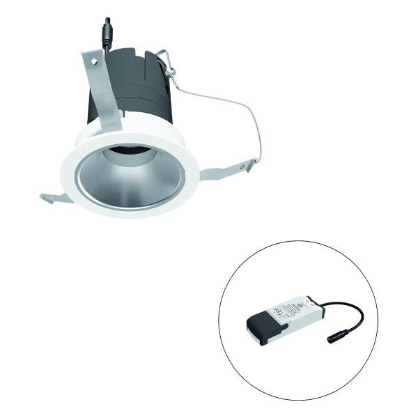 Ein Einbauspot aus Metall mit rundem Rahmen und integriertem LED-Treiber, dargestellt in zwei Ansichten: Beleuchtungskörper und Treiber.