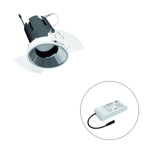 Einbau-LED-Spot mit rundem Rahmen und separatem Netzteil, geeignet für Deckenmontage.