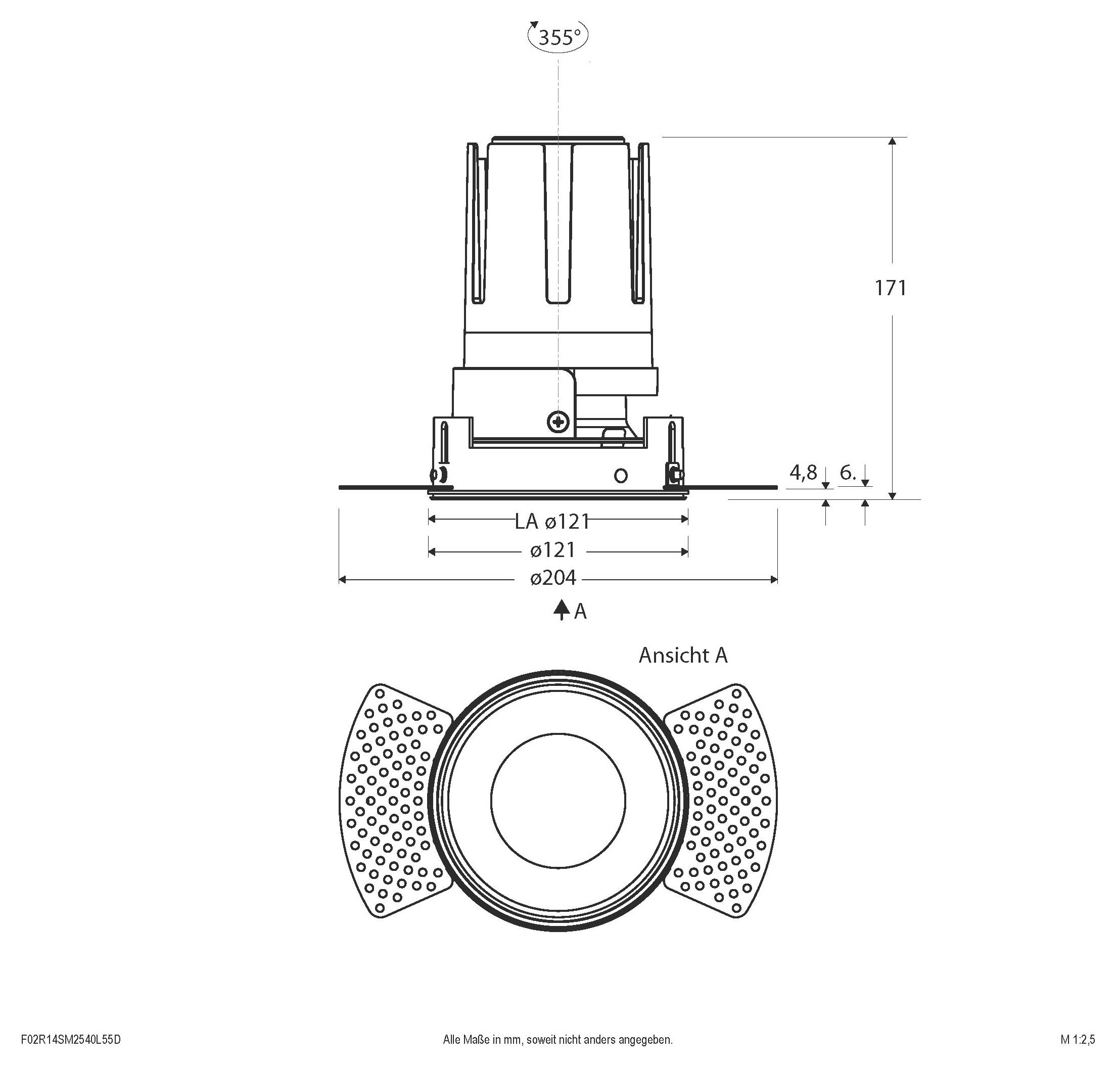 Technische Zeichnung eines zylindrischen Bauteils in zwei Ansichten, mit den Abmessungen 171 Höhe, 355° Drehung und Durchmessern LA ø121 und ø204, Ansicht 'Ansicht A' mit perforierten Seitenflansch.