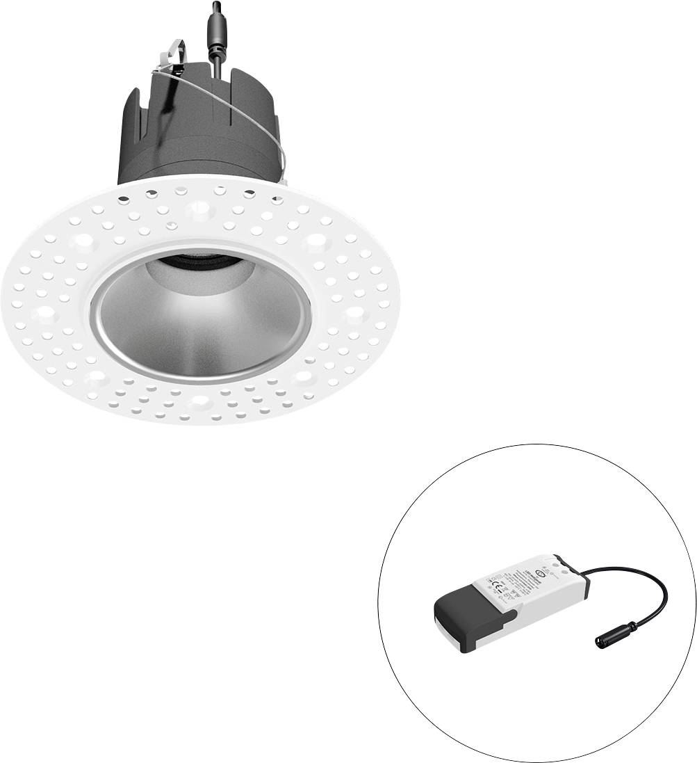 Eingelassene LED-Einbauleuchte mit perforiertem Trim, dargestellt mit einem separaten Treibermodul in einer kreisförmigen Einfassung.