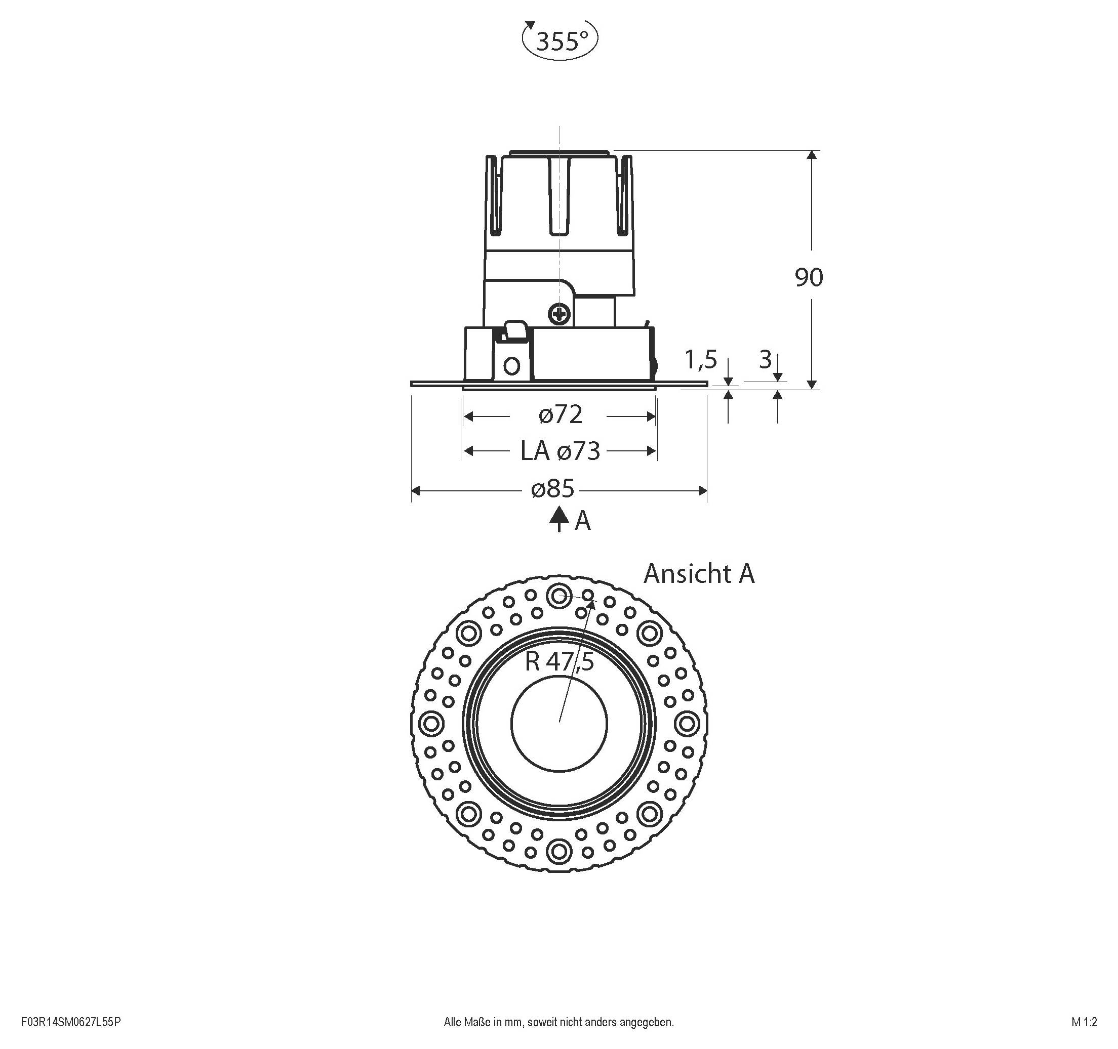 Technische Zeichnung eines kreisförmigen mechanischen Teils mit Seiten- und Vorderansicht, zeigt Abmessungen 90, Ø72, Ø73, Ø85, R47,5 und 355° Rotation.