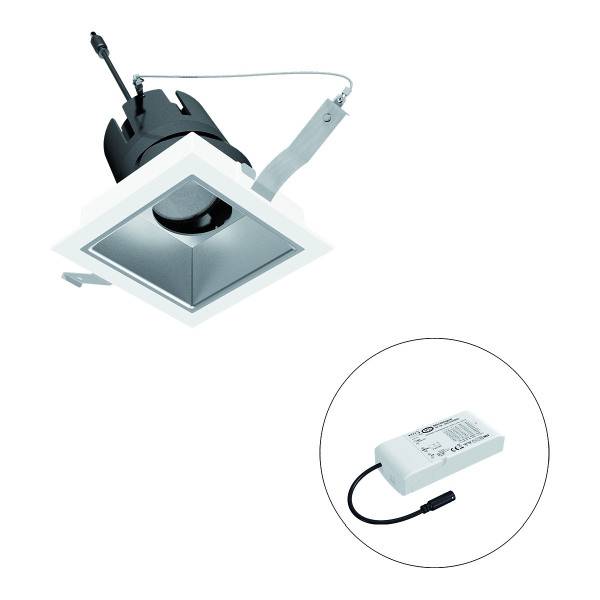 Quadratische LED-Einbauleuchte mit schwarzem Innenraum und abnehmbarem, weißem Rahmen. Zeigt auch ein Netzteil im Kreis.