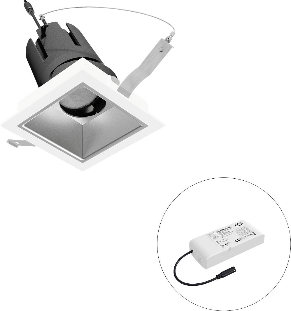 Quadratische, bündige LED-Einbauleuchte mit Federclips und angebautem Treibermodul, dargestellt in einem Detailkreis.