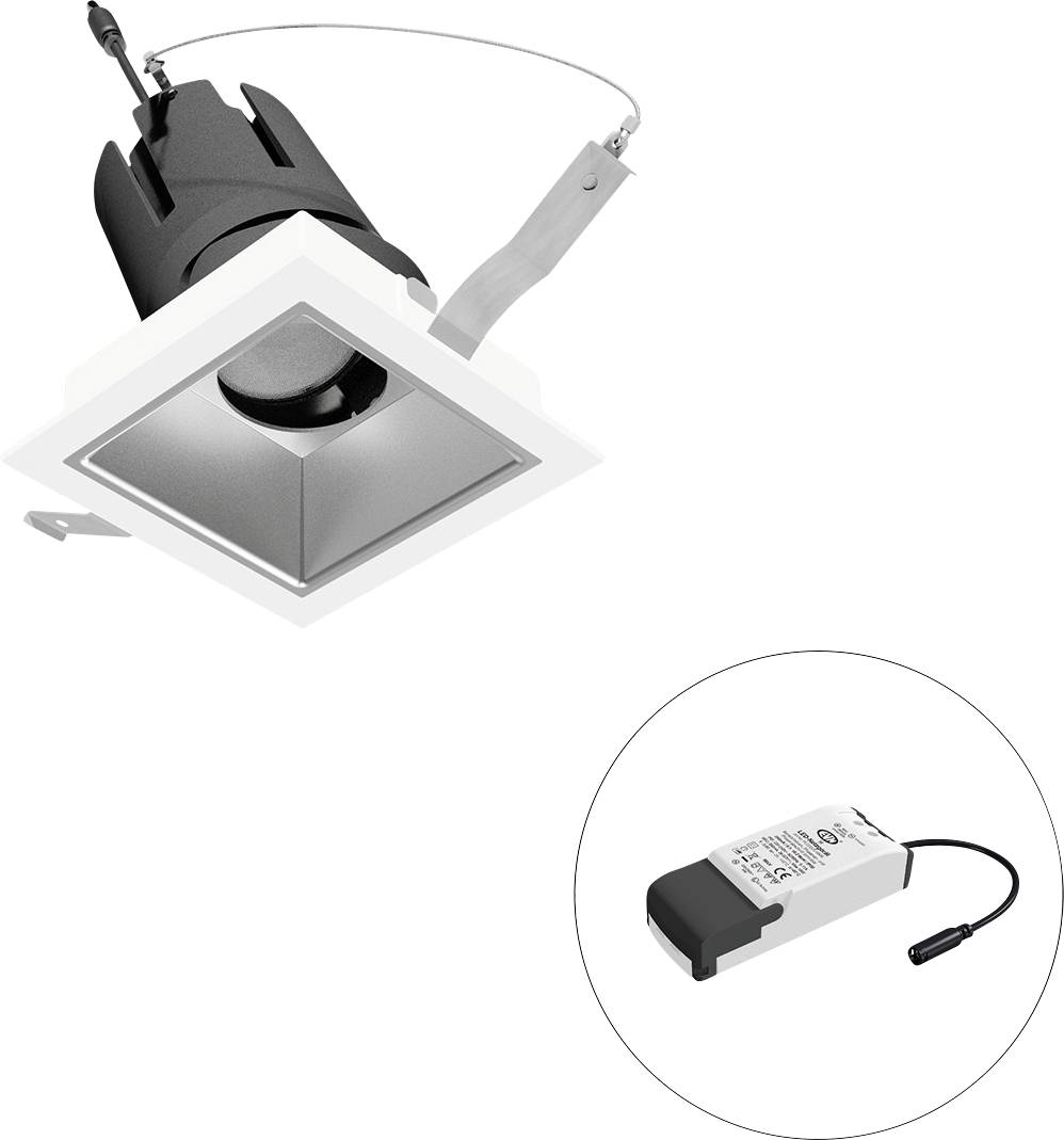 Eingebauter quadratischer LED-Downlight mit Federklemmen und separatem Treiber, gezeigt in einem Einsatzkreis.