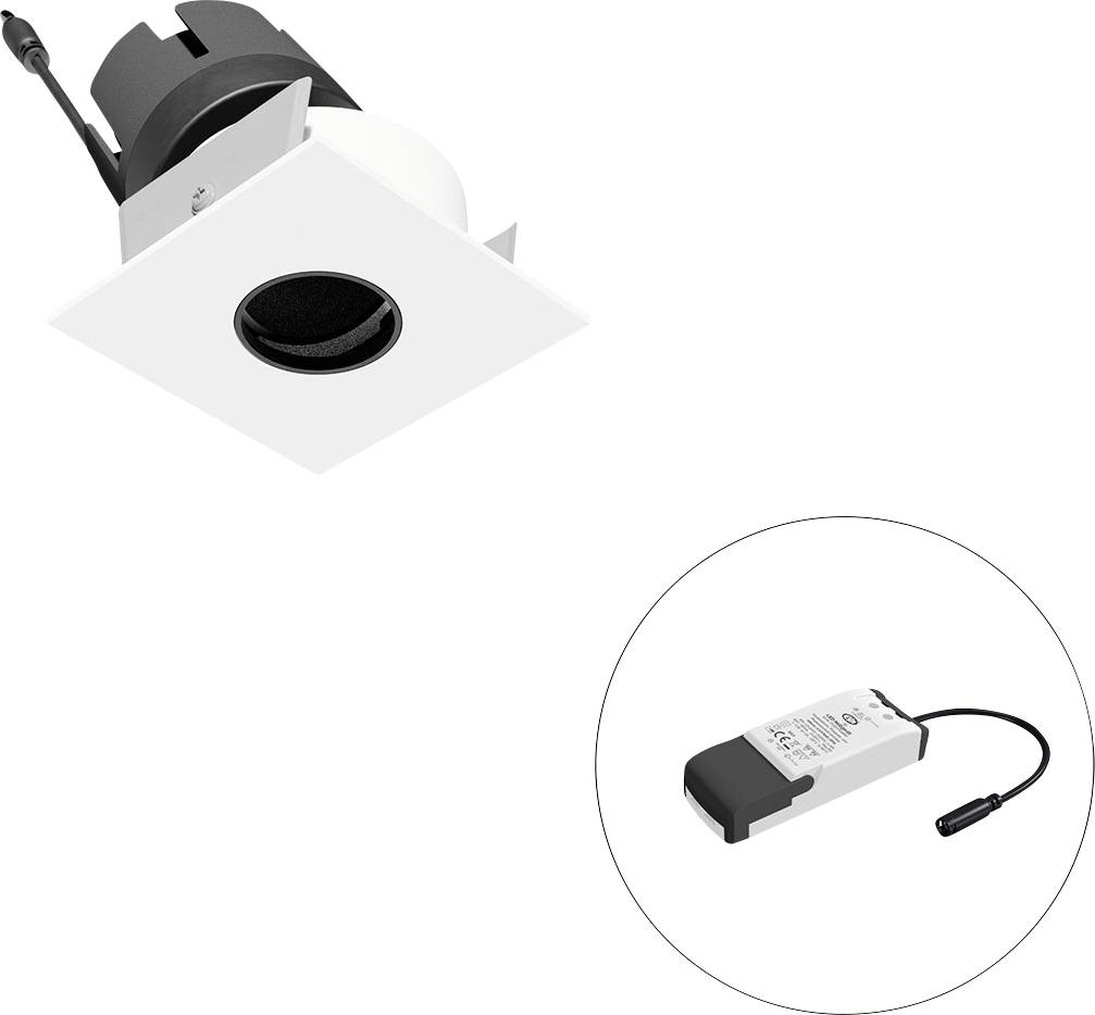 Weiße, bündig eingebaute LED-Downlight mit quadratischer Blende und schwarzbarem Gehäuse, dargestellt mit separatem Treibermodul in einem eingefügten Kreis.