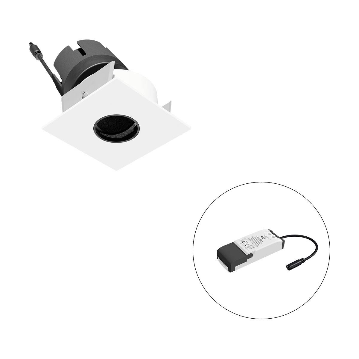 Ein quadratischer LED-Einbaustrahler mit schwarzem Leuchtmittel und weißem Gehäuse, daneben ein Transformator, dargestellt.