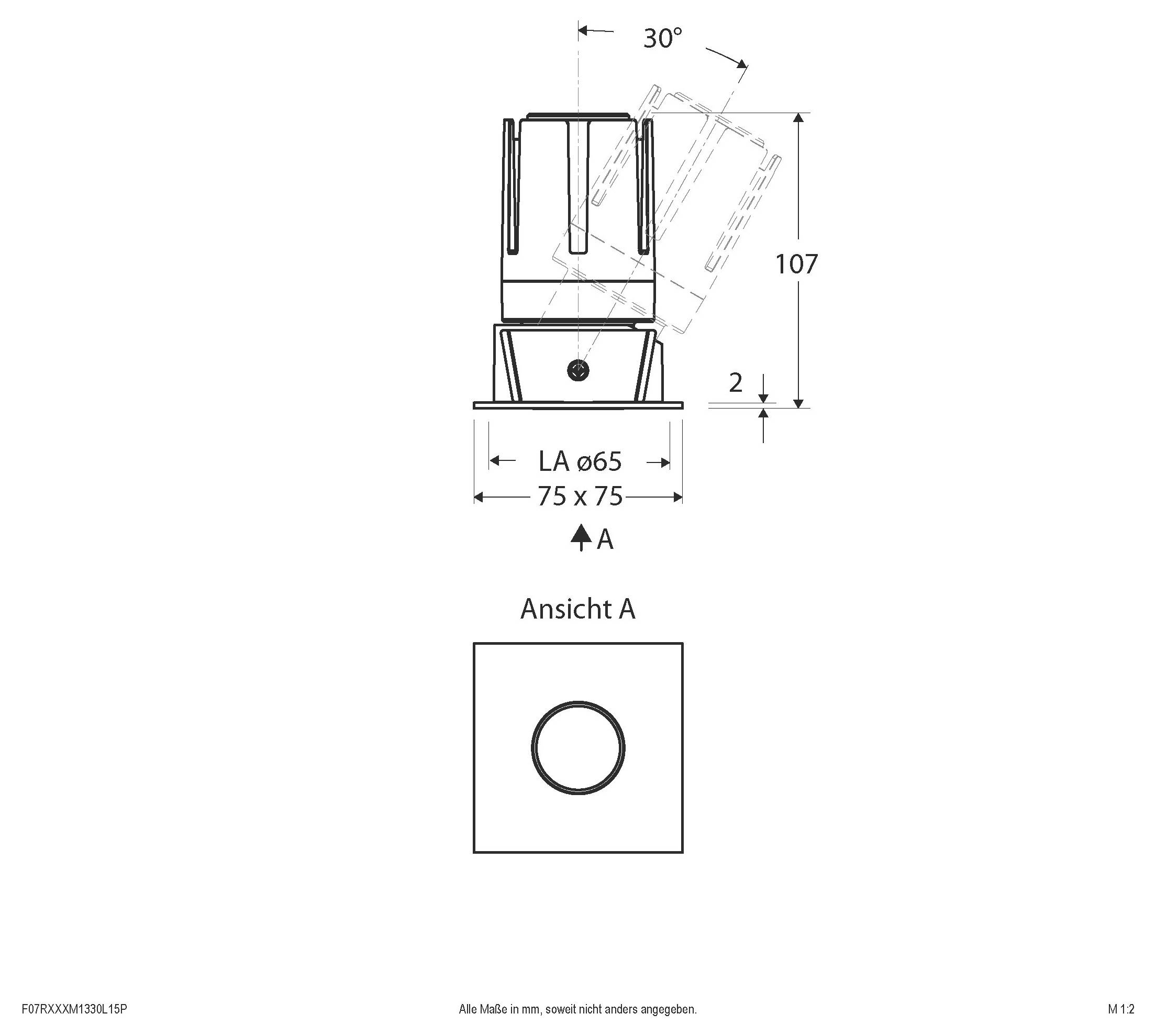 Technische Maßzeichnung eines zylindrischen Teils mit Seiten- und Vorderansicht, 30° Neigung, 107 mm Höhe, 75 x 75 mm Grundfläche und 'Ansicht A'.