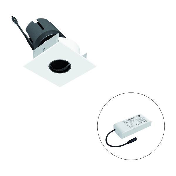 Einbau-Spotlampe in quadratischem Design mit schwarzem Innenring. Im Kreis ist ein kompatibles Netzteil mit Kabel abgebildet.