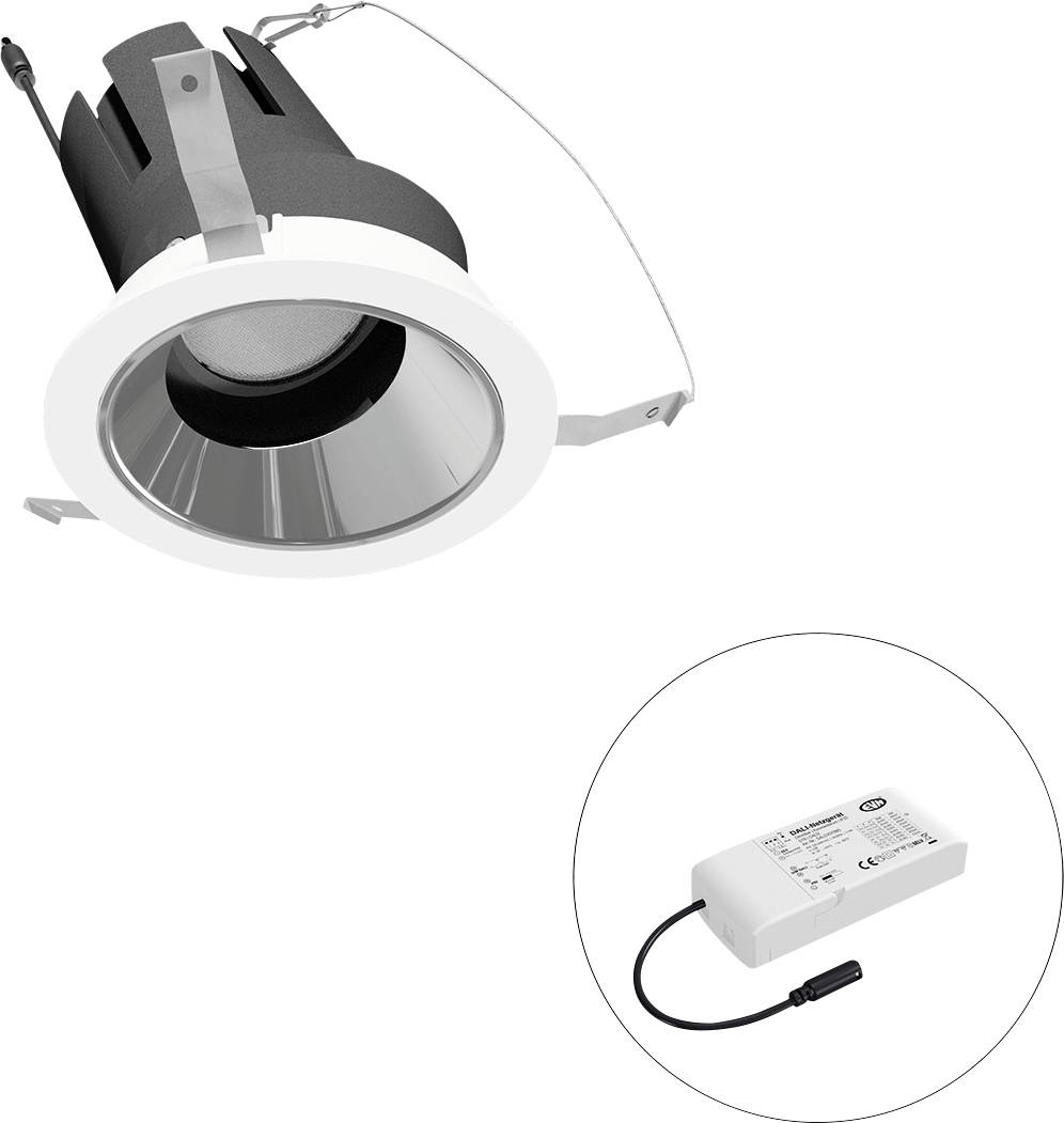 Weiße Einbauleuchte in der Decke mit verstellbaren Federclips, dargestellt mit separatem Treiber/Stromversorgung in einem kreisförmigen Einsatz.