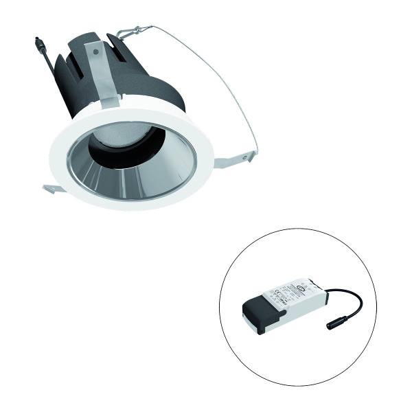 Industrieleuchte mit rundem Einbau-Downlight und externem Treiber. Downlight mit schwarzem Kühlkörper.