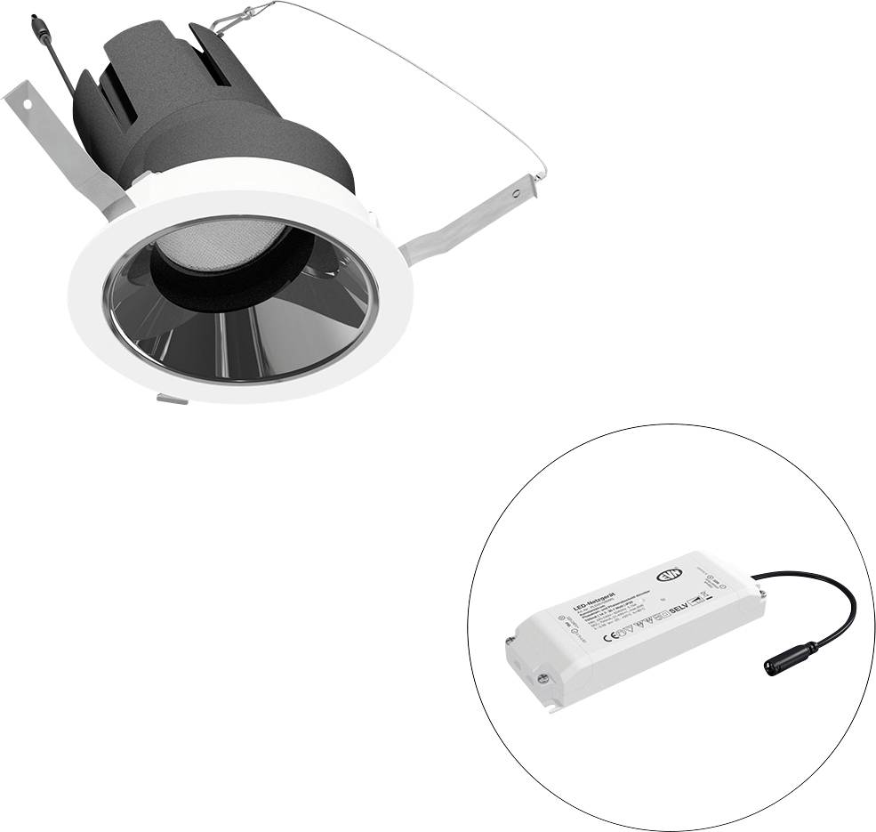 Eingelassene LED-Deckeneinbauleuchte mit weißem Rand und schwarzem Gehäuse, abgebildet mit separatem Treiber/Netzteil in einem eingefügten Kreis.