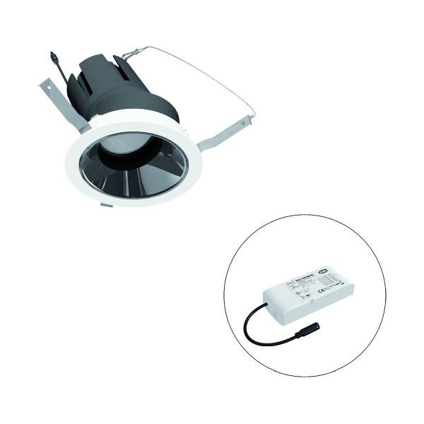 Einbau-Deckenleuchte mit schwarzem Gehäuse und weißem Rahmen; daneben ein ovales Bild eines LED-Treibers mit Anschlusskabel.