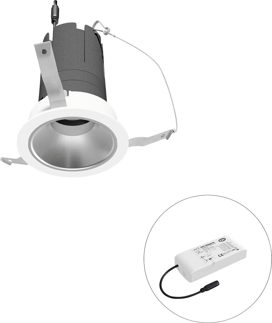 Bündig eingebauter Deckeneinbaustrahler mit weißem Trimming und separatem LED-Treiber, dargestellt in einem Detailkreis.