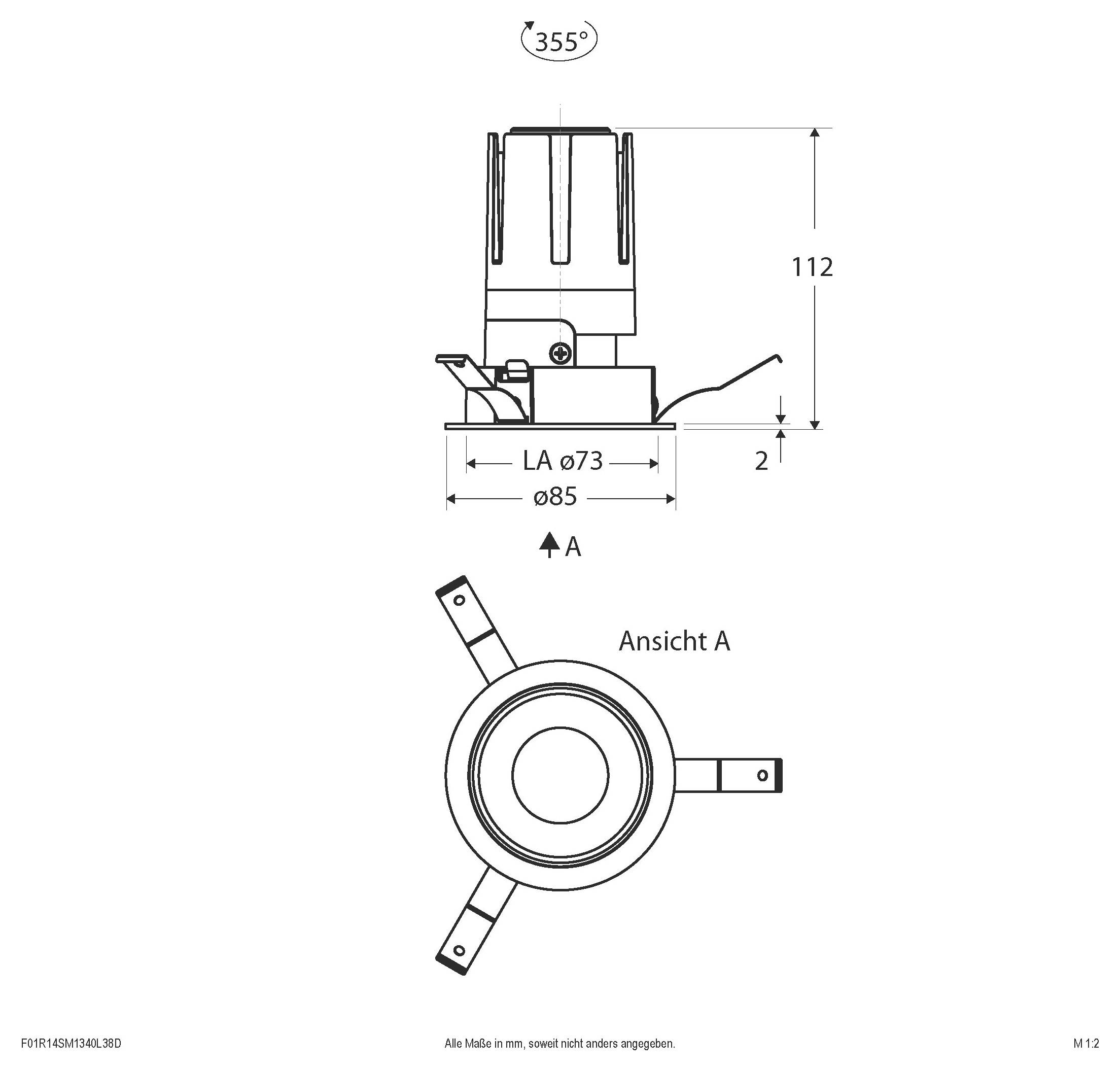 Technische Zeichnung eines kreisförmigen mechanischen Bauteils, dargestellt in Seiten- und Draufsicht, mit den Abmessungen 112 mm Höhe, 85 mm Durchmesser und 355° Drehung.