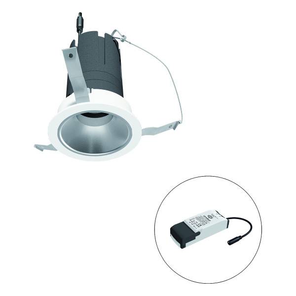 Einbauleuchte aus Metall mit weißem Rand, daneben ein kleines schwarzes und weißes elektronisches Bauteil mit Kabel.