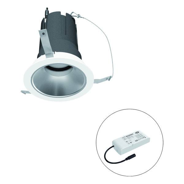 Ein runder, weißer Einbau-LED-Downlight mit schwarzer Rückseite, daneben ein kleiner, rechteckiger LED-Treiber in einem Kreis dargestellt.