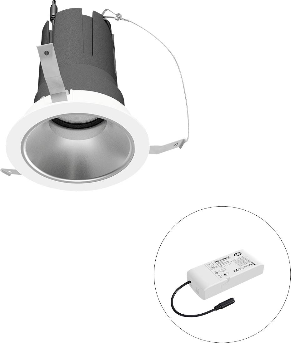 Eingebaute Downlight-Leuchte mit separatem rechteckigem LED-Treiber, der in einem Insetkreis dargestellt ist.