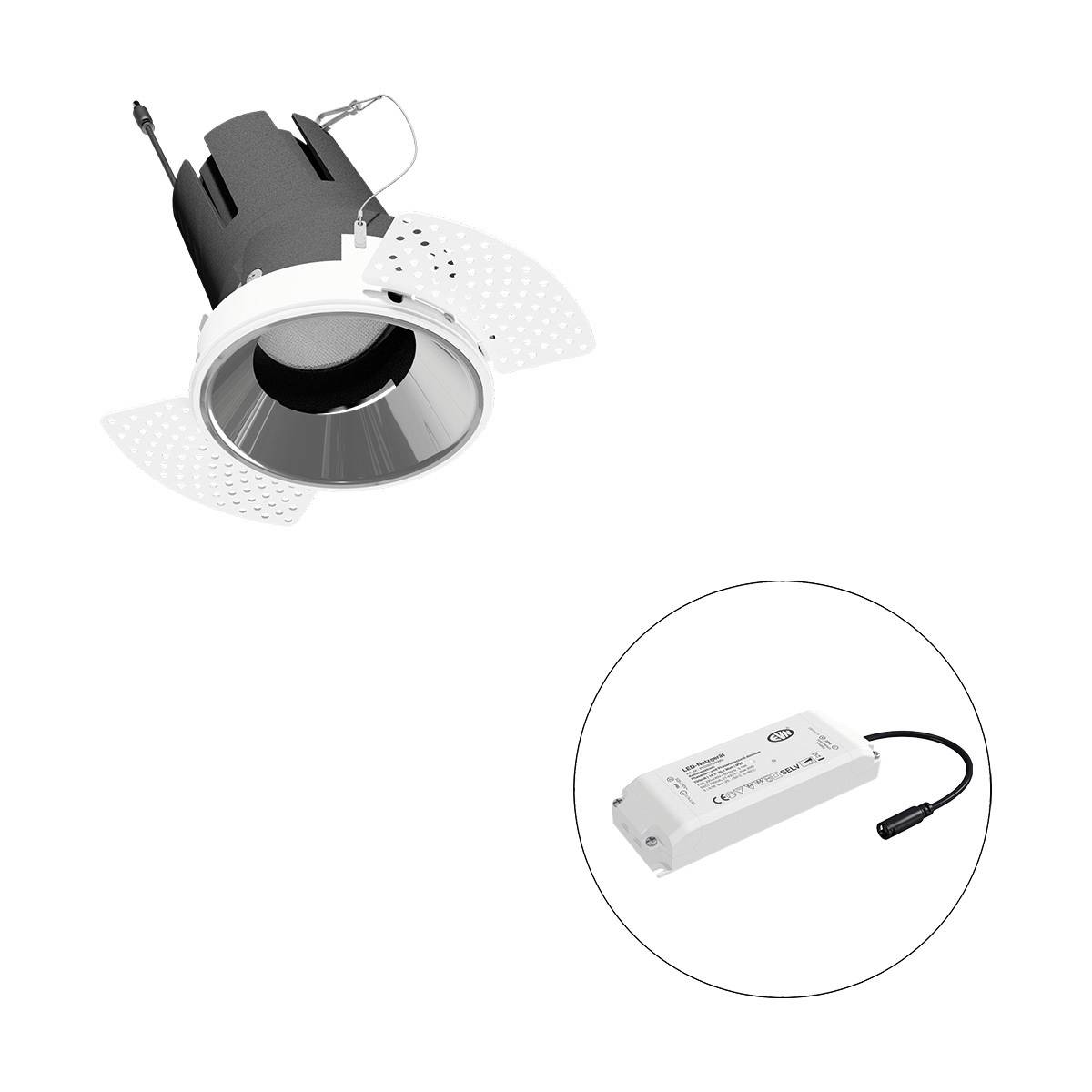 Ein rundes LED-Einbauleuchtengehäuse mit Kühlkörper und Netzteil. Geeignet für Deckenmontage.