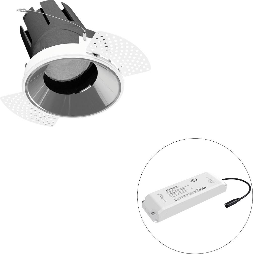 Eingebautes LED-Downlight-Leuchtengehäuse mit separatem Treibermodul in einer kreisförmigen Vergrößerung dargestellt.