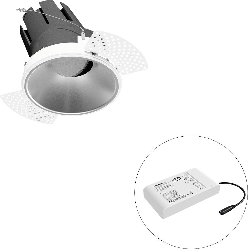 Eingebaute Downlight-Leuchte mit Federklammern und separatem LED-Treiber in einem eingefügten Kreis dargestellt.