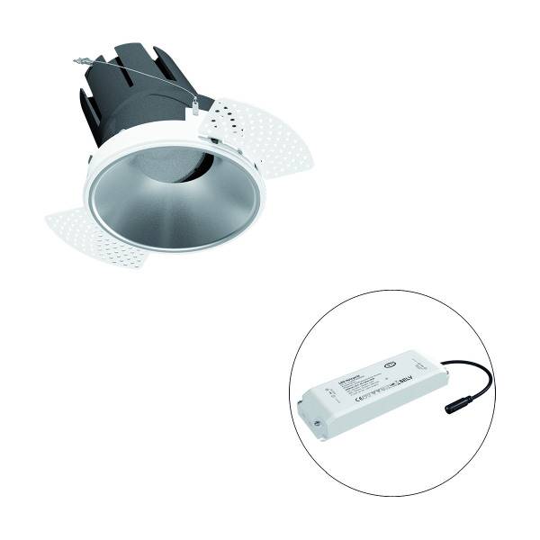 Einbau-LED-Spotlight mit rundem Design und Adapter im Lieferumfang. Der Spot hat einen weißen Rand und wird in die Decke integriert.