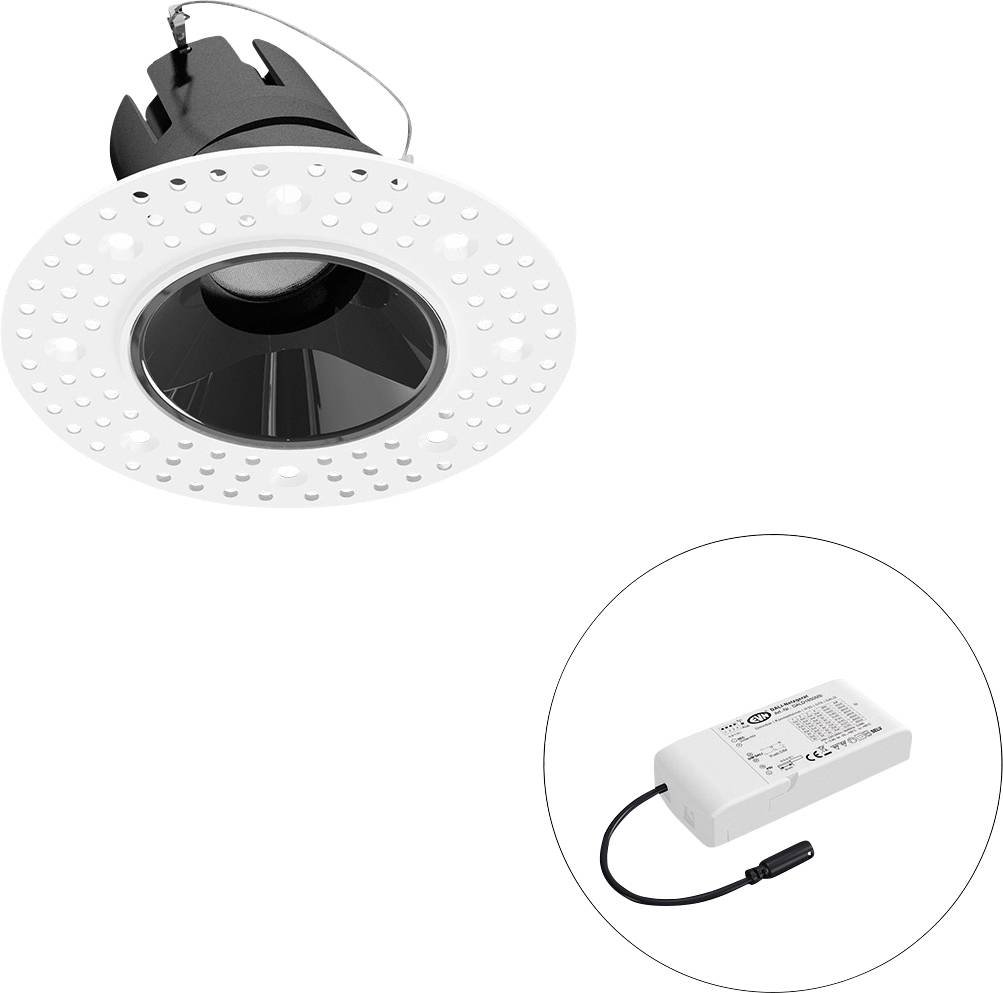 LED-Einbauleuchte mit Lochblende und separatem Treiber, in einem Kreisausschnitt dargestellt.