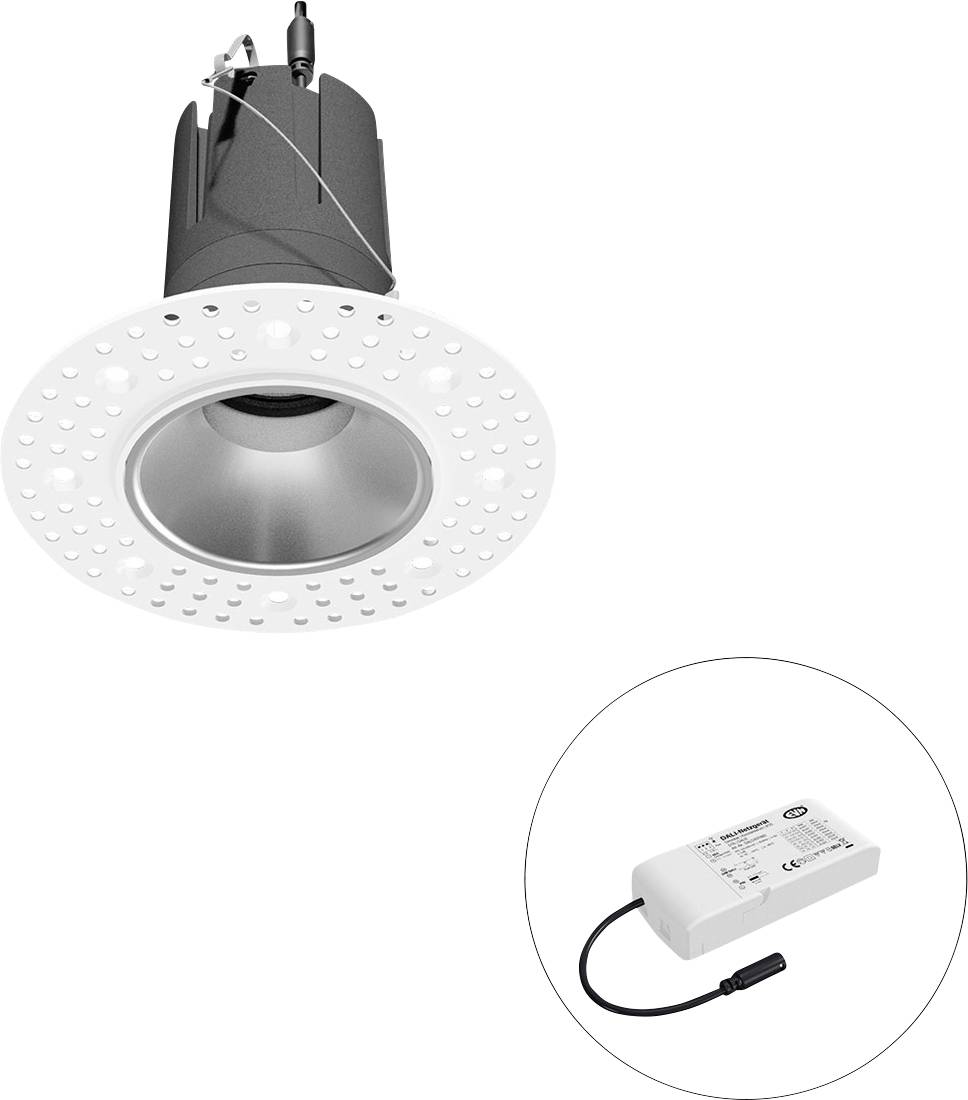 LED-Einbauleuchte mit rundem perforiertem Blendring und separater Treibereinheit, dargestellt in einem eingefügten Kreis.