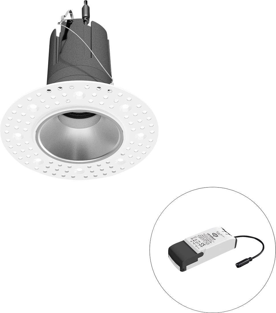 Eingelassene LED-Einbauleuchte mit perforierter Blende und separates Treibermodul in einem Kreisausschnitt gezeigt.